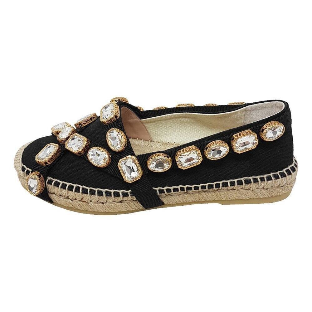 Gucci Black Crystal Espadrilles Flats Canvas Slip On Size 36.5 - Picture 4 of 10